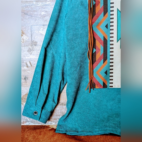 NWT Original Design Aztec Turquoise Cordoroy Shacket With Conchos - Picture 3 of 16